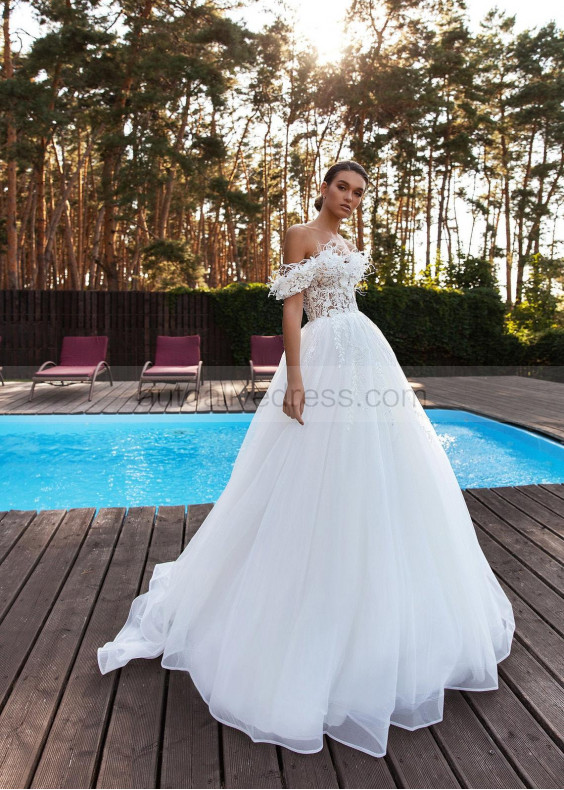 Beaded Ivory Lace Tulle Feather Wedding Dress